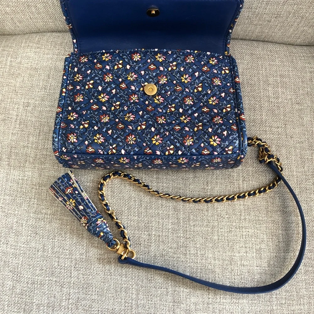 Tory Burch Navy Floral Quilted Crossbody Bag with Gold Chain